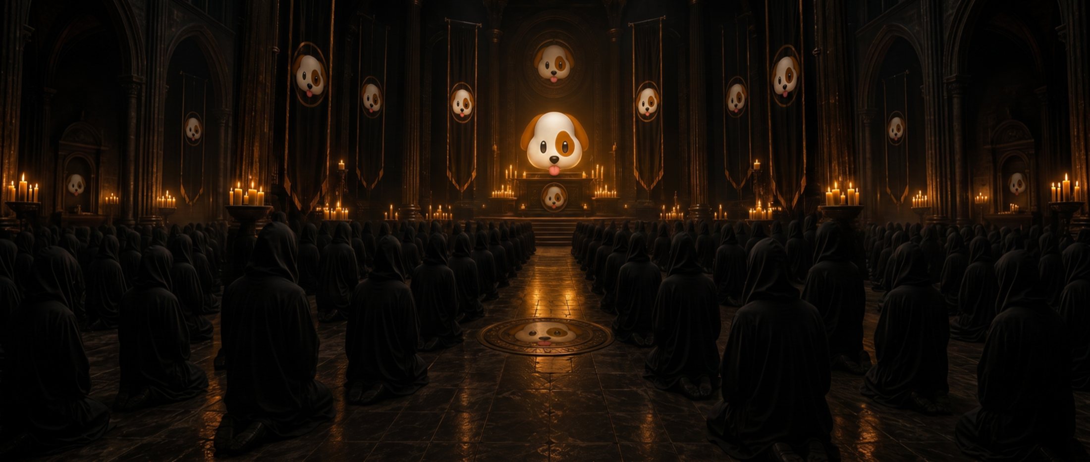 A dark candlelit hall full of kneeling hooded figures facing a glowing dog idol